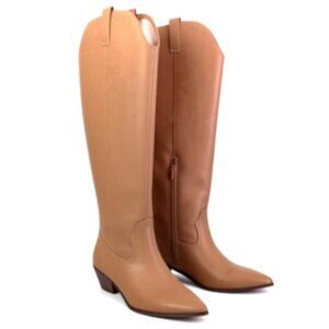 Women’s Tan Knee High Cowboy Boots Size 10 Faux Leather Zip Pull On New in Box